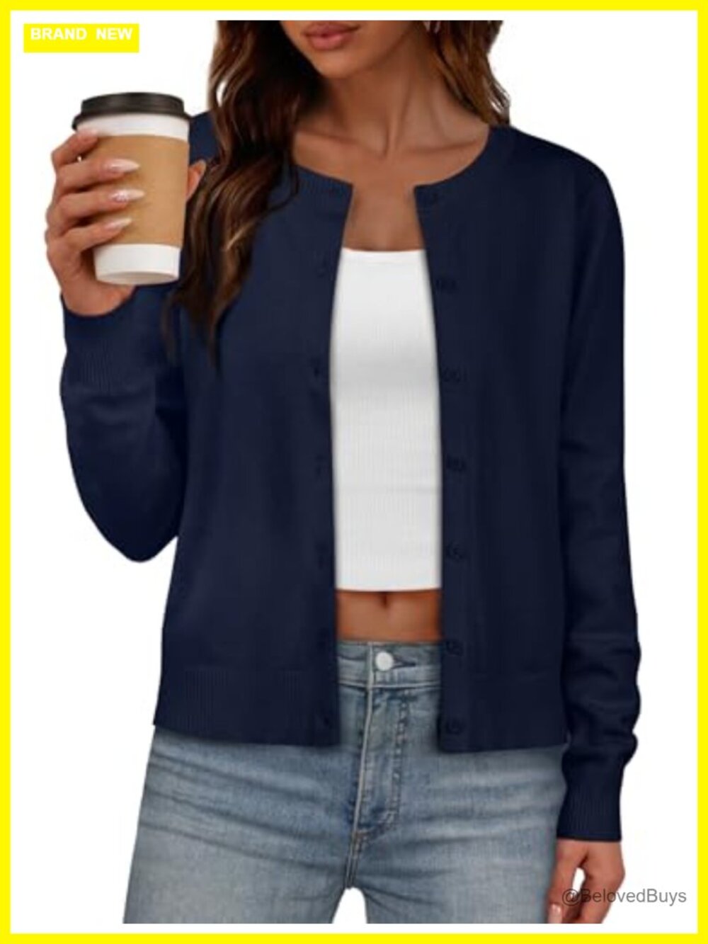 IWD Women's Lightweight Button Down Cardigan Sweater Long Sleeve Crew Neck